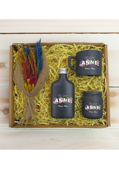 Bk Gift Kişiye Özel İsimli Dtf Anne Temalı Antrasit Kahve Fincanı & Kolonya & Mum & El Yapımı Kuru Çiçek Buketi Hediye Seti-3, Anneye Hediye, Anneler