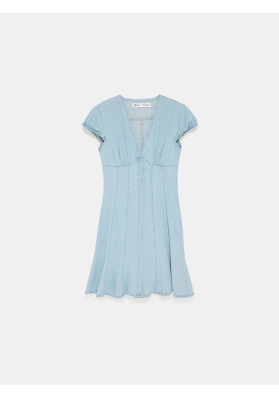 Dilvin 90583 %100 Pamuk Çıtçıt Detaylı Denim Elbise-mavi