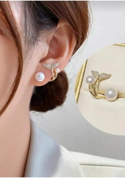 Lunarie Altın İnci Zirkon Balık Kuyruğu Ear Cuff Küpe