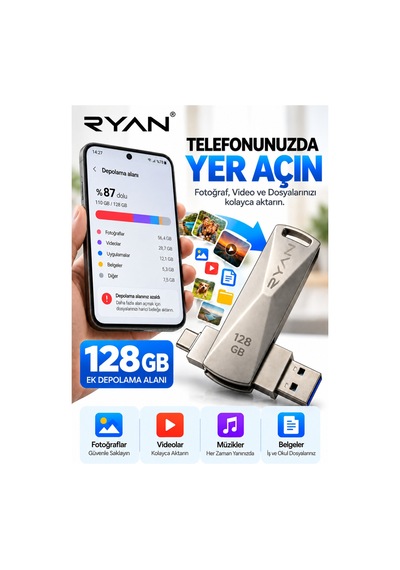 128 Gb Otg Flash Bellek Type-c Otg Flash Usb Data Bellek