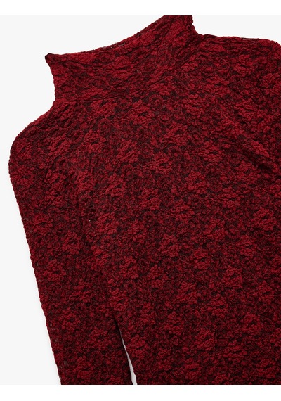 Koton Slim Fit Uzun Kollu Dik Yaka Floral Dokulu Dantelli Bluz Bordo 6wak80001ek Bordo