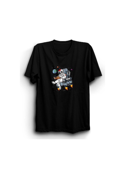 Uzay - Astronot Baskılı Unisex %100 Pamuk Siyah T-shirt SIYAH
