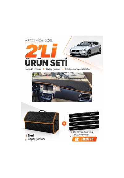 Volvo V40 2012-2019 Uyumlu Torpido Örtüsü + Deri Bagaj Çantası + Sticker Seti - Siyah Kahverengi