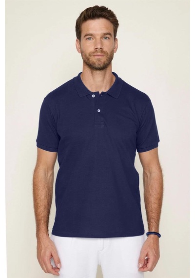 Tudors Erkek Slim Fit Dar Kesim Pamuklu Yumuşak Dokulu Serin Tutan Kumaş Düz Pike Lacivert Polo Yaka Tişört-31688 Lacivert