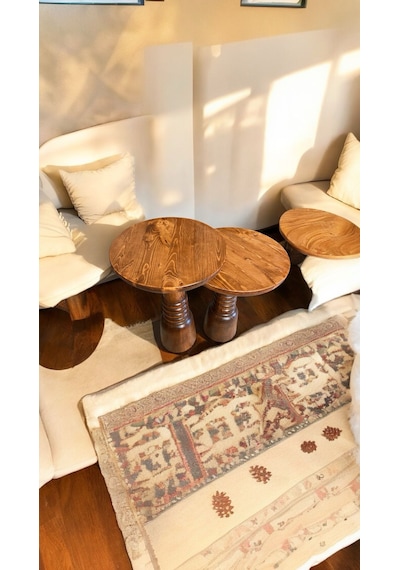 Wood Ahşap 2'li Set Fitilli Mantar Yan Sehpa Açık Ceviz Renk
