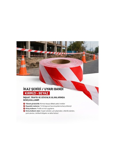 110 Metre 60mm İkaz Şeridi Uyarı Bandı Emniyet Şeridi Emniyet Bandı Kırmızı Beyaz Bn110