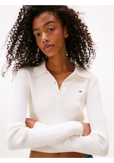 Tommy Jeans Tjw Klasik Polo Uzun Kollu Kadın Kazak Dw0dw21829ybh Beyaz