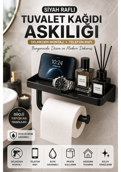Siyah Yapışkanlı Raflı Tuvalet Kağıdı Askılığı Delmeden Montaj Banyo Organizer Telefon Rafı Askısı