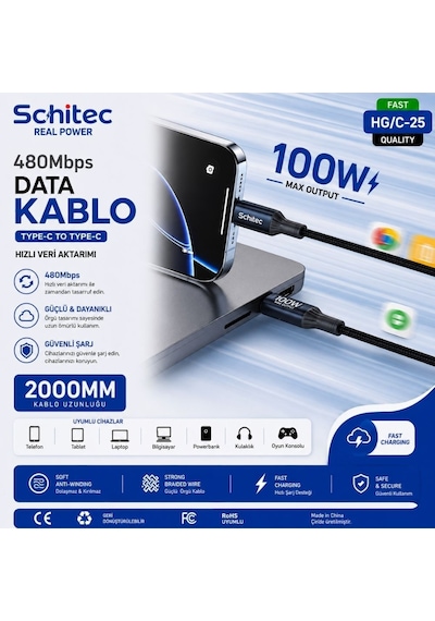 Schitec 100w Type-c To Type-c Süper Hızlı Data Ve Şarj Kablosu Siyah 2 Metre Hg/c-25 100w 2m Blue