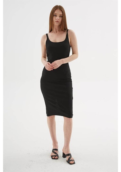Fashion Friends Kare Yaka Midi Siyah Kadın Elbise 26y0299k1