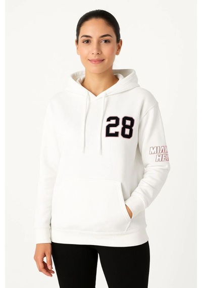 Vinevesta Kadın Kapüşonlu Kanguru Cepli Sweatshirt 3 İplik Pamuklu Baskılı Hoodie - Beyaz Çok Renkli
