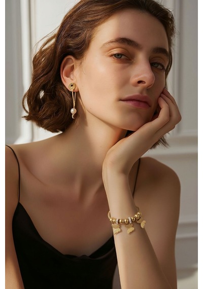 Kadın Çelik Gold Charm Bileklik - Üçlü Kelebek Figürlü Ve Taşlı İtalyan Zincir Bileklik