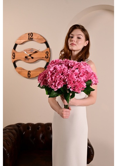 Pembe Yapay Ortanca Çiçeği 5 Dallı Premium Canlı Islak Dokulu 42 Cm