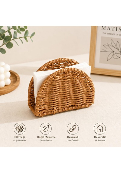 El Örgüsü Rattan Peçetelik Ahşap Görünümlü Masa Peçete Düzenleyici Çok Renkli