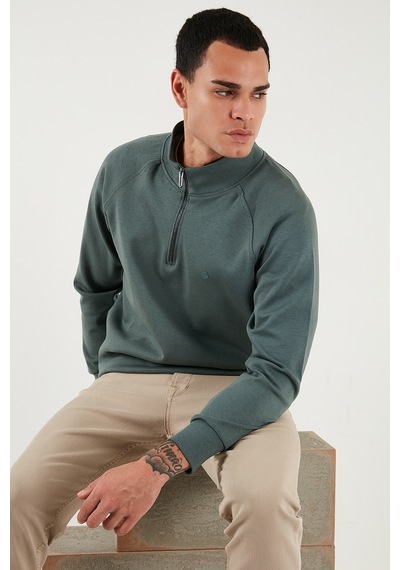 Buratti Pamuklu Relaxed Fit Yarım Fermuarlı Dik Yaka Erkek Sweat 5901232 Haki