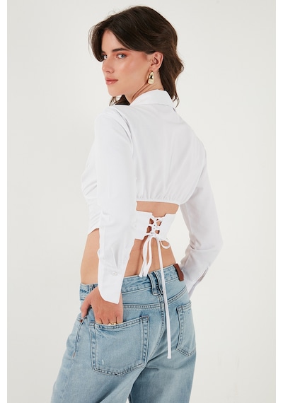 Lela Fitted Fit Pamuklu Korse Detaylı Uzun Kollu Crop Bayan Gömlek 611Go00376 Beyaz