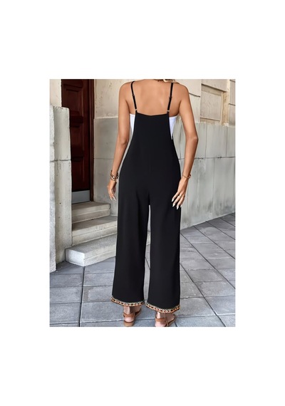 Butik İstanbul Kadın Ip Askılı V Yakalı Etnik Serit Desenli Cep Detaylı Janjan Krep Tulum Siyah