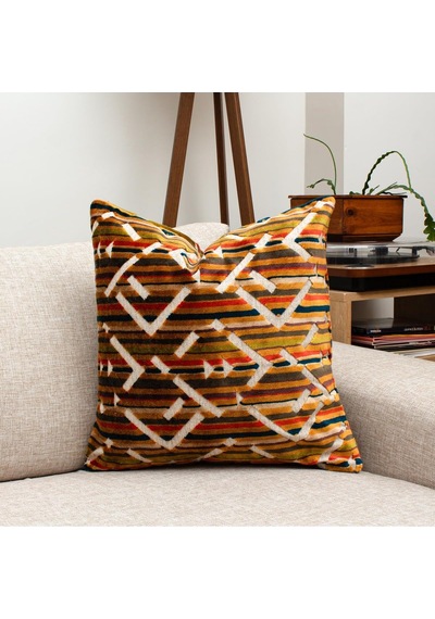 Geometrik Desenli Kadife Kırlent Kılıfı Çok Renkli Dekoratif Tasarım Hardal Turuncu Geometrik Desen 45 X 45 Diğer