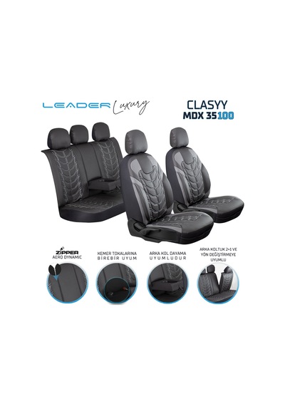 Seat Leon Reference Uyumlu Lüx Deri Oto Koltuk Kılıfı Ön Arka Takım Classy Serisi Siyah Gri