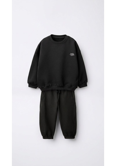 Monila Unisex Çocuk Basic Yazı Detaylı 3 İplik Kumaş Eşofman Takım Siyah