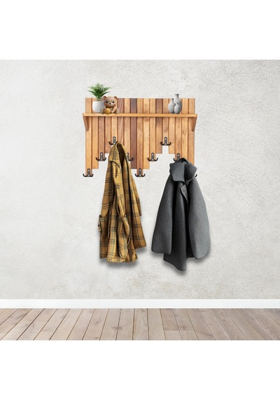Ahşap Duvar Ve Kapı Askısı Elbise Askılık Raflı Piyano Model 9 Askılı 50x69x9 Cm Meşe