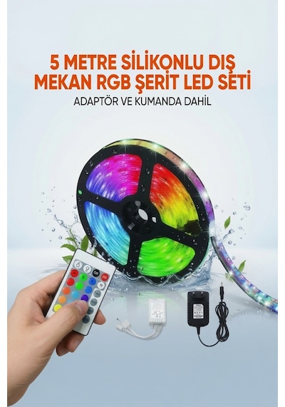 5 Metre Rgb Led Şerit Işık Ip65 Dış Mekan Su Geçirmez Kumandalı Adaptör Dahil Çok Renkli Animasyonlu Led Şerit
