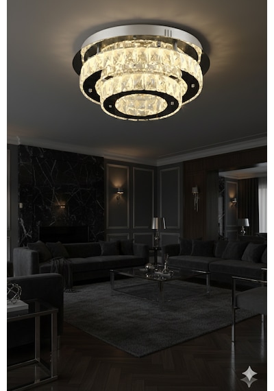 Ahu Kristal Taşlı 3 Kademeli Modern Ledli Salon Avize Krom