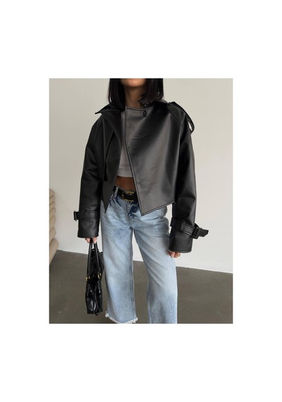 Almira Yeni Sezon Oversize Bomber Kadın Deri Ceket Siyah Siyah
