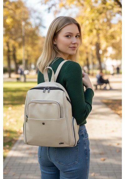 Jara Bag Jara Freya Yıkama Deri Sırt Çantası Krem Büyük Boy Jara17-7