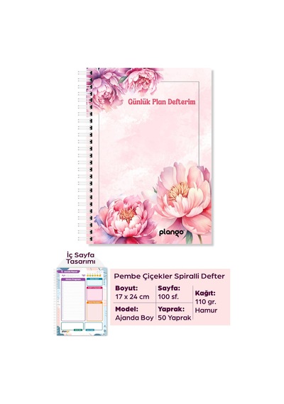 Pembe Çiçekler Spiralli Günlük Planlama Defteri - 100 Sayfa - 17x24 Planlayıcı Defter Beyaz - Bej