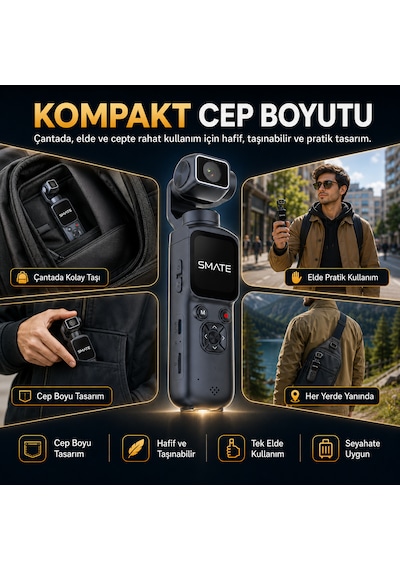 Smate 4k Pocket Camera Profesyonel Vlog Kamerası Gimbal Özellikli Titreşim Önleyici Otomatik Dönüş Ve Yüz Takibi Siyah