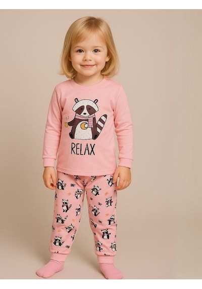 Kız Çocuk Pamuklu Hayvan Baskılı Pijama Takımı-16053 Pembe