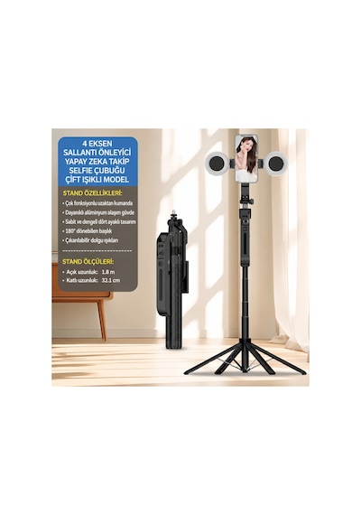 1.8 Metre Aı Akıllı Takipli Selfie Çubuğu Çift Işıklı 4 Ayaklı Tripod, 180 Döner Telefon Standı Ve Uzaktan Kumanda