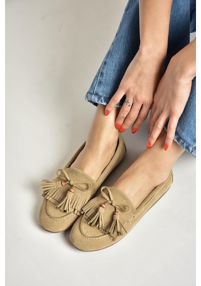 Fox Shoes Y996271002 Bej Süet Püskül Detaylı Kadın Babet Bej