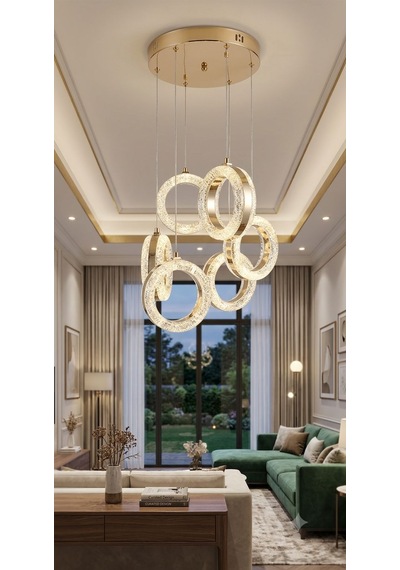 6'lı Kristal Ledli Modern Avize Gold