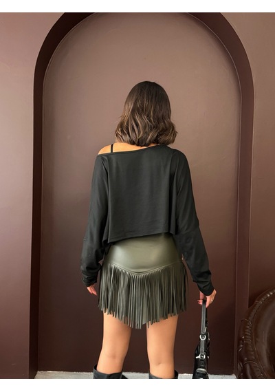 Verymoda Western Tarz Püsküllü Mini Deri Etek F2041 Haki