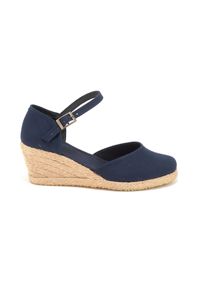 Gerçek Elişi Topuğu Kapalı Bilekten Bantlı Keten Espadril Dolgu Topuk Handmade Lacivert