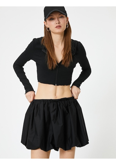 Koton Crop Kapüşonlu Fermuarlı Hırka Uzun Kollu Slim Fit Siyah 5wal90001ık Siyah