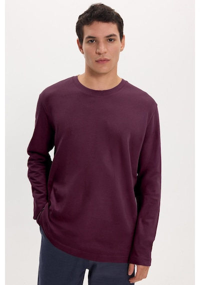 Tudors Unisex Relax Fit Rahat Kesim %100 Pamuk Uzun Kollu Bisiklet Yaka Bordo Basic Tişört-51285
