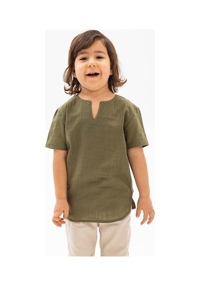 Eliş Şile Bezi Kısa Kol Şile Bezi Bisiklet Yaka Erkek Çocuk Tshirt Haki 3049
