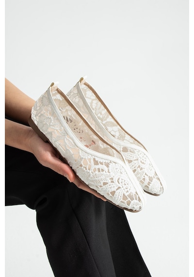 Dabab Shoes Florıa Dantel Kadın Beyaz Düz Babet Dantel Dokuma Çiçek Desenli Zarif Günlük Ayakkabı