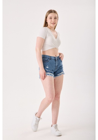 Eseclass Modern Kesim Yüksek Bel Püskül Paça Denim Şort Koyu Mavi Koyu Mavi