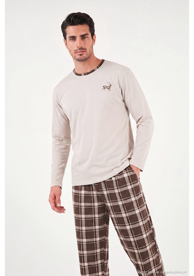 Buratti Pamuklu Regular Fit Bisiklet Yaka Ekoseli Pijama Takımı Erkek Pijama Takımı 6574001 Bej