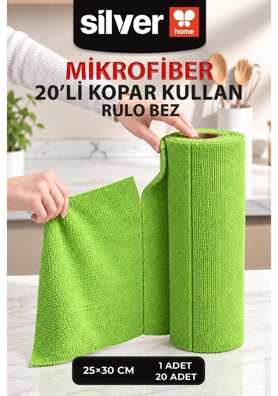 20 Li Rulo Mikrofiber Temizlik Bezi 25x30 Cm Yıkanabilir Kopart Kullan Süper Emici İz Bırakmaz Yeşil