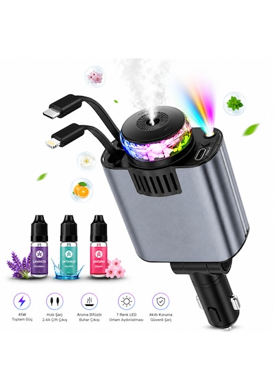 Ultratekno C7 Araç Şarj Cihazı 5in1 45w Hızlı Şarj Oto Parfüm Difüzör Type-c & Lightning Makaralı Kablo Rgb Yıldız Işığı Araç İçi Nemlendirici Gri