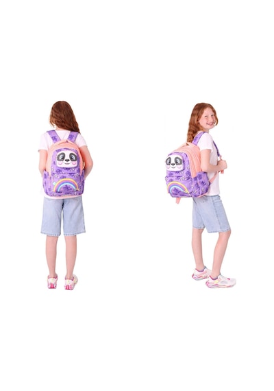 Kaukko Kids Toys Kız Çocuk Mor Somon 3d Panda Şekilli İlkokul Çantası Ve Kalemlik Seti L5233+l8233 Mor