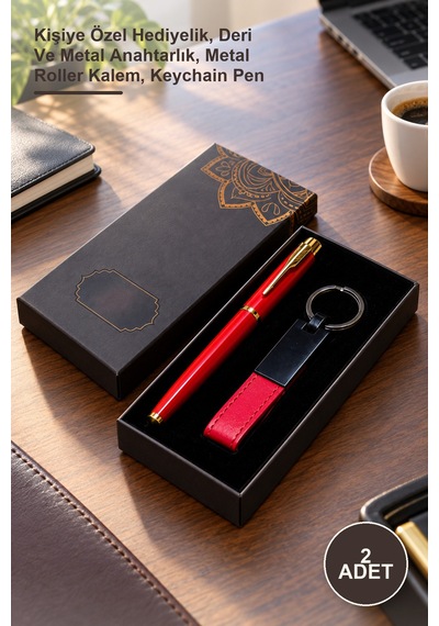 2 Adet Kutulu Kırmızı Anahtarlık Ve Kalem Seti Kişiye Özel Hediyelik, Deri Ve Metal Anahtarlık, Metal Roller Kalem, Keychain Pen