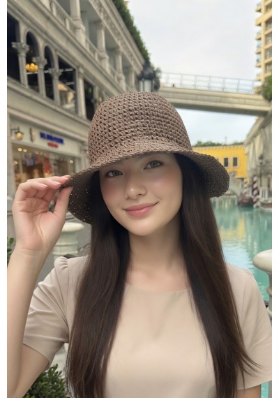Mollycrush Kadın Kahverengi Hasır Örgü Bucket Bohem Stil Plaj Ve Güneş Şapkası Kahverengi