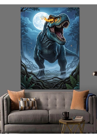 Ahşap Tablo Dolunayda Kükreyen Dinozor Rex