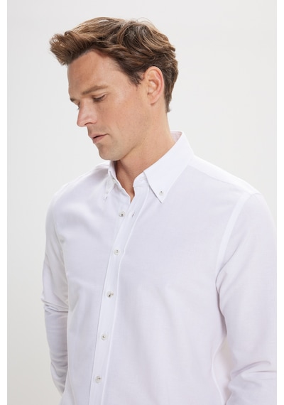 Erkek Beyaz Slim Fit Dar Kesim Düğmeli Yaka Pamuklu Oxford Gömlek Beyaz